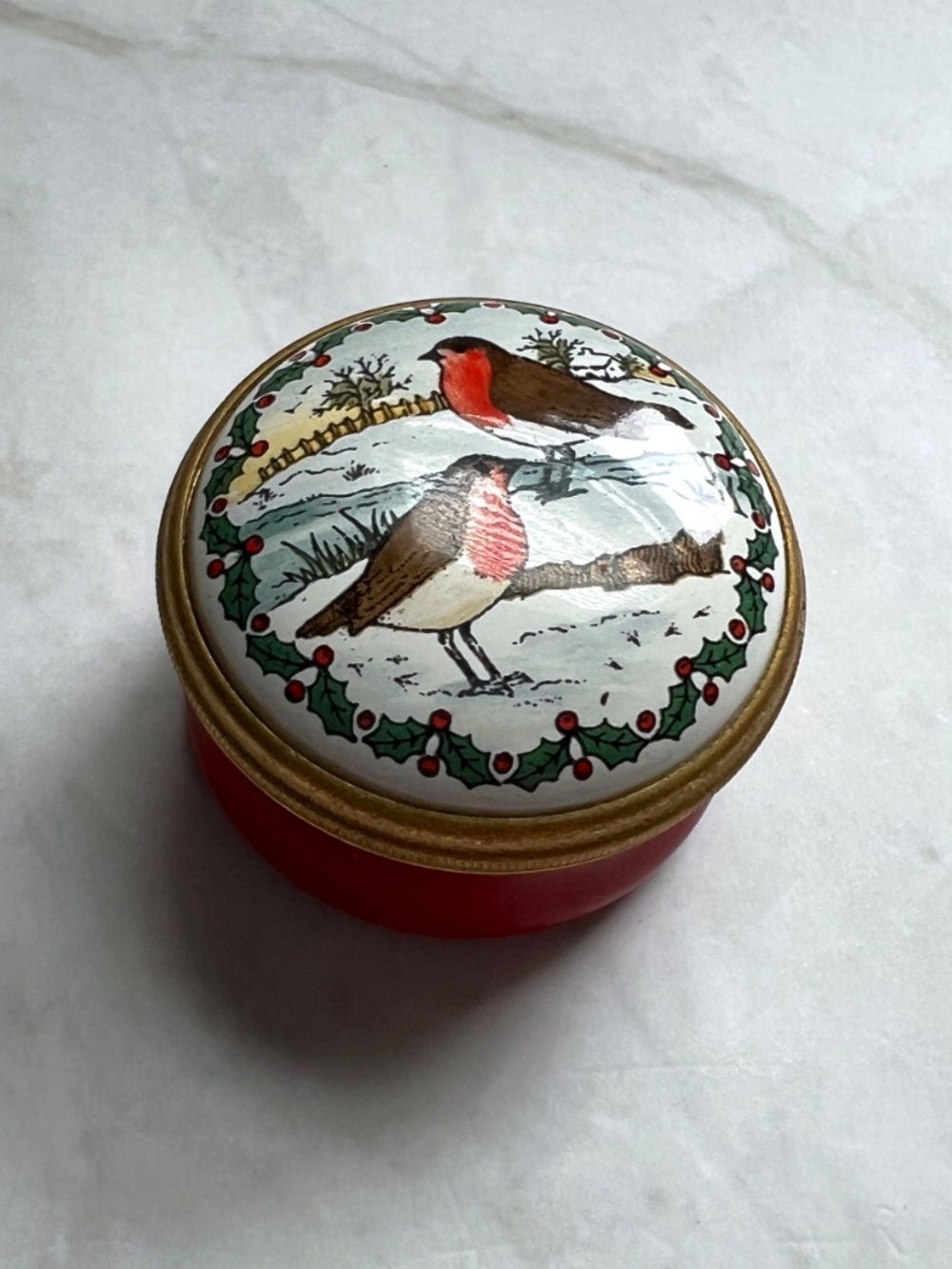 Halcyon Days Royal Warrant Christmas Robin Enamel Box Holly Wreath Winter Snow E